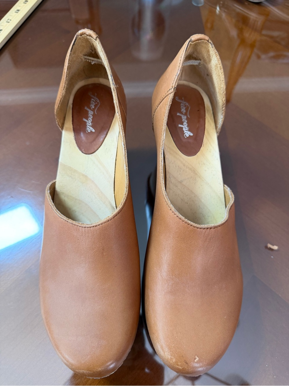 Free People Tan Leather Platform Clog Heels